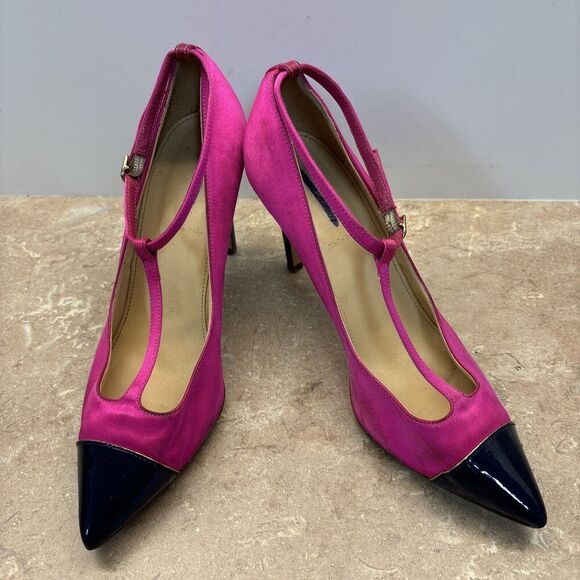 J Crew Women Pink Satin Heels Navy Blue Patent Leather Toe Heels T Strap 8.5 - Picture 2 of 11